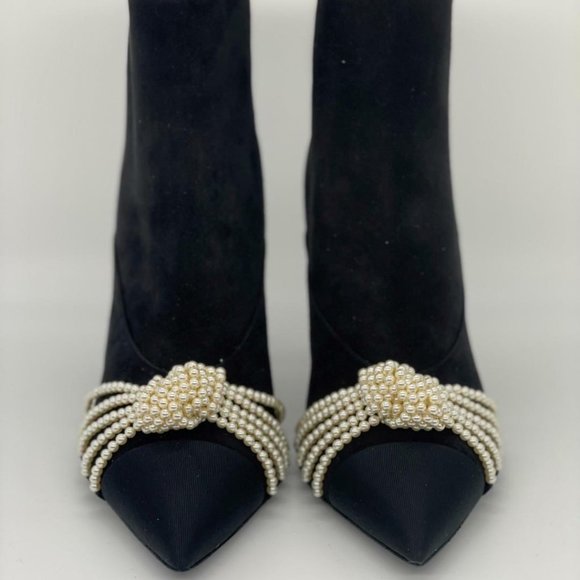 CHANEL 20A Suede Pearl Embellished CC Logo Heels Ankle Booties Boots - Picture 3 of 13